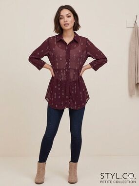 Style & Co. Petite Burgundy Printed Peplum Blouse